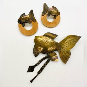 Vintage Brooch set of brass figural koi fish